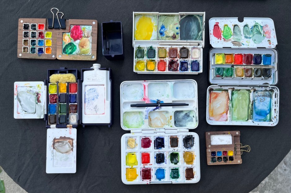 arrangement of watercolors on a table